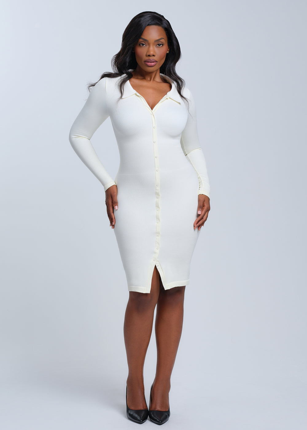 SnatchedKnit Front Button Collar Midi Dress