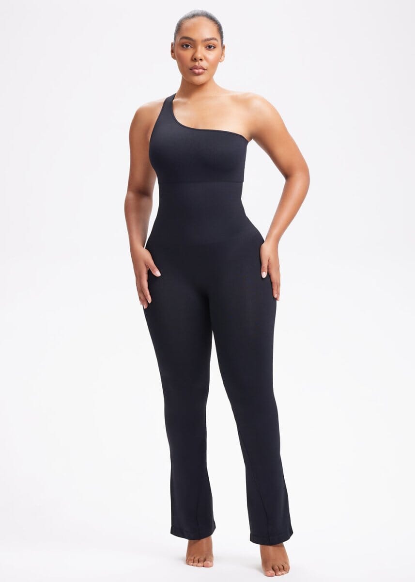 SnatchedKnit One-Shoulder Flare Jumpsuit