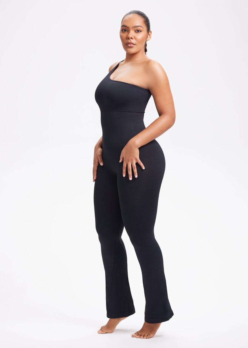 SnatchedKnit One-Shoulder Flare Jumpsuit